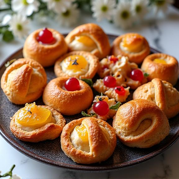 A beautifully arranged platter of assorted mini pastries and croissants, perfect for a catering event.