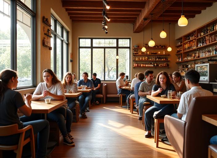 The warm and inviting interior of The Mirthful Bean, showcasing its cozy ambiance with customers enjoying their coffee and pastries.