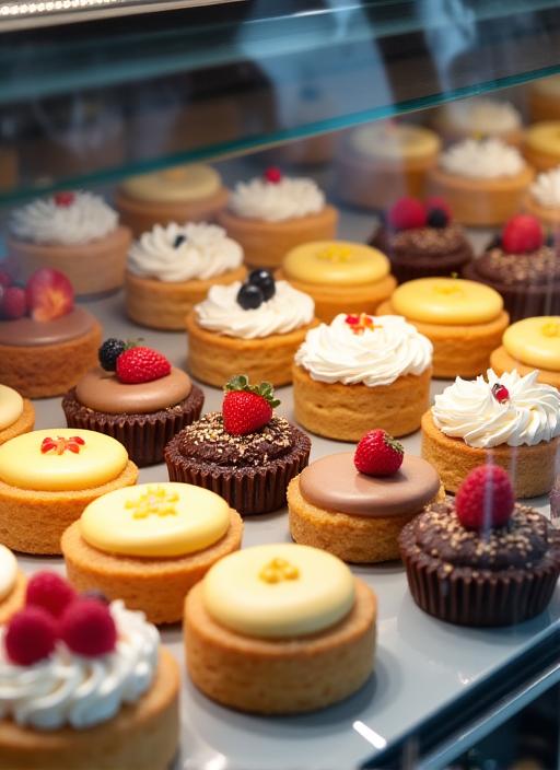 A vibrant display case filled with a variety of beautifully decorated cakes and tarts at The Mirthful Bean.