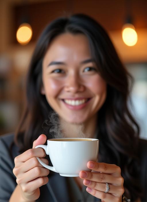 A happy customer smiling genuinely, holding a steaming cup of coffee, enjoying their moment at The Mirthful Bean.