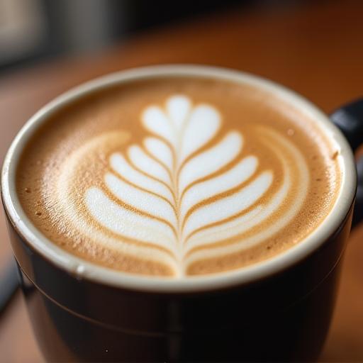 A close-up of a perfectly poured latte with intricate leaf-patterned foam art, ready to be enjoyed.