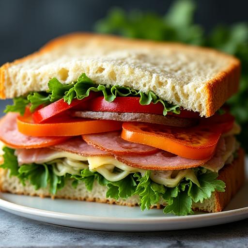 A mouth-watering close-up of a gourmet sandwich, cut in half to reveal fresh ingredients and vibrant colours.