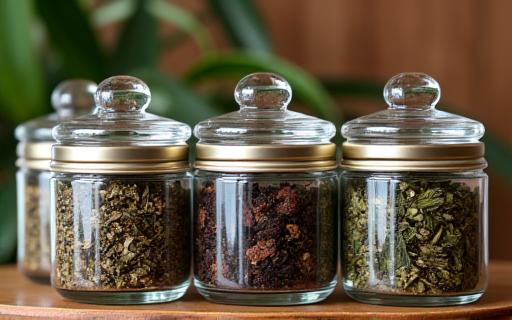 An artfully arranged selection of premium loose leaf teas displayed in elegant glass jars.