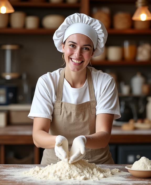 A baker smiling while dusting flour on a wooden countertop in a warm bakery.